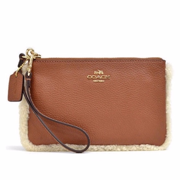 Coach Shearling Lined Saddle Tan Leather Wristlet